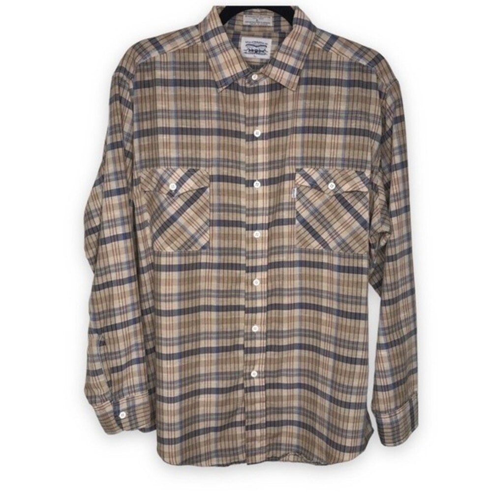 Vintage 1970s Levis Big E Tan Brown Plaid Button Front Long Sleeve Mens Large